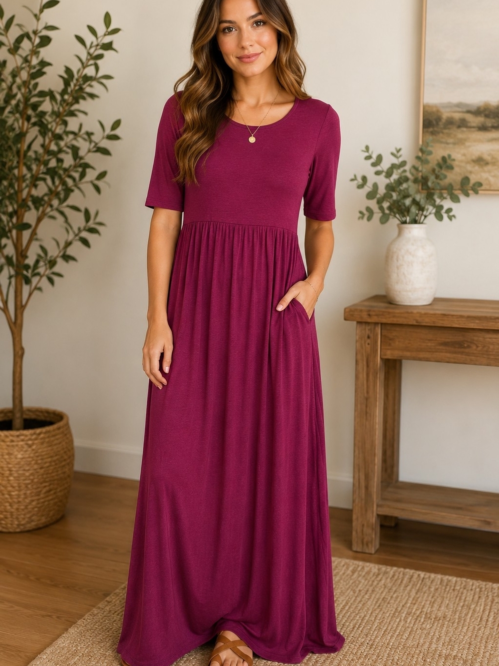 Zenana Outfitters Magenta Short Sleeve Maxi Dress with Pockets